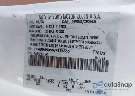 1998 Ford Mustang Gt from USA, damaged, VIN 1FAFP45X9WF186555